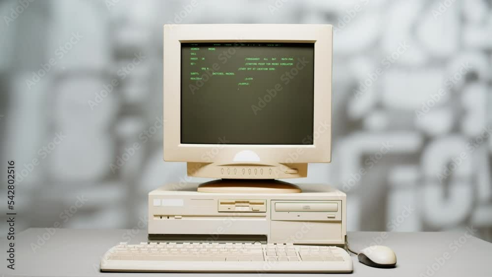 Retro pc with loading code console, programmer making scripts, green basic screen, Old computer studio close-up, Desktop vintage retro wave display, late 90s PC.