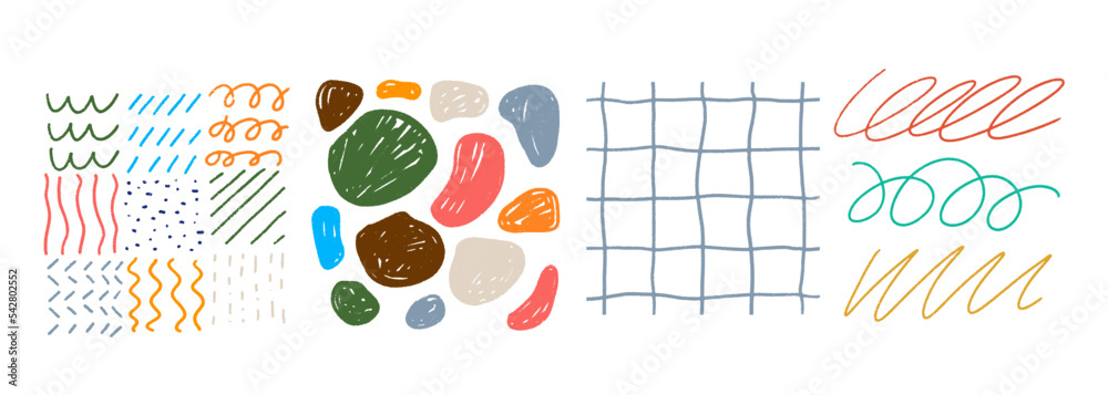Set Colorful Hand Drawn Pencil Scribbled Doodles. Isolated on transparent background.