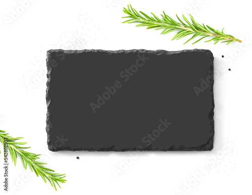 Black board stone mockup with rosemary. Vector illustration isolated on white background. Great for presenting your product. EPS10.	