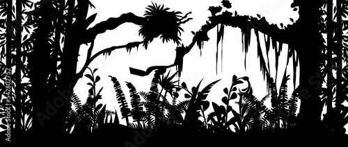 Impenetrable bowl. Jungle rainforest. Nature landscape silhouette. Dense tropical thickets. Isolated on white background. Vector.