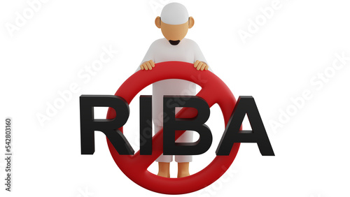 A 3D illustration of Muslim holding No riba text. In Islam, it is forbidden for Muslims to both receive and pay interest or Riba. photo