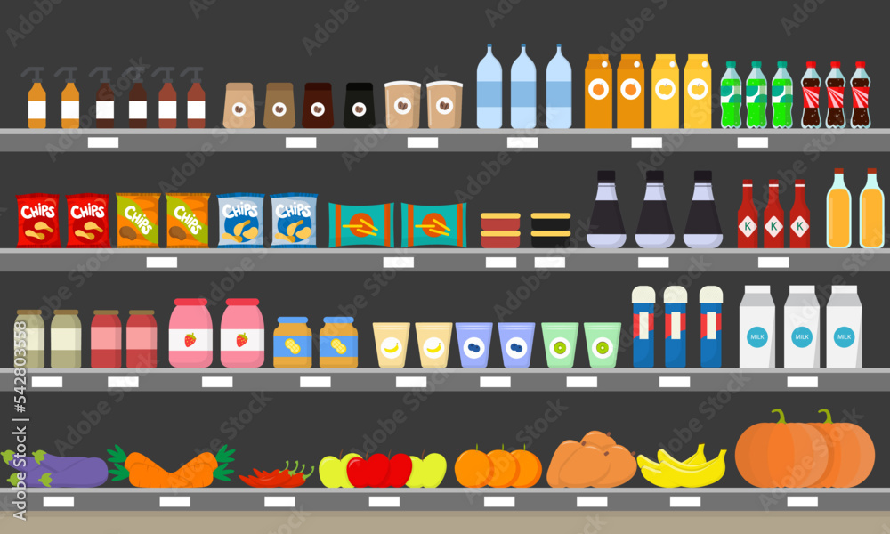 Vector illustration of a beautiful counter in the store. Selling products in the shop on the counter with water, milk, sauces, snacks, coffee, jams, vegetables in cartoon style.