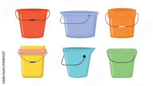 Set of colorful buckets in cartoon style. Vector illustration of various plastic buckets with different sizes on white background. photo