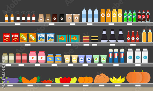 Vector illustration of a beautiful counter in the store. Selling products in the shop on the counter with water, milk, sauces, snacks, coffee, jams, vegetables in cartoon style.