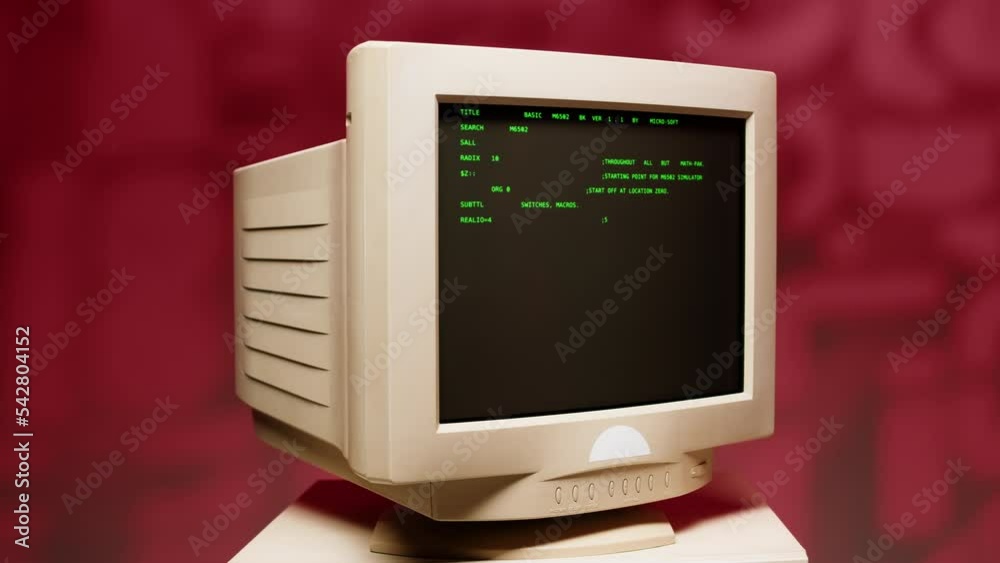 Retro pc with loading code console, programmer making scripts, green ...