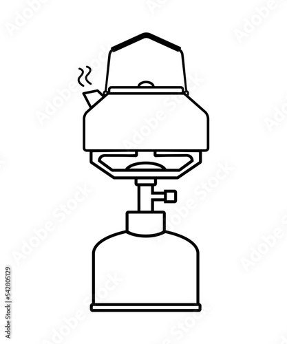 Camping gas stove with kettle, line art vector.