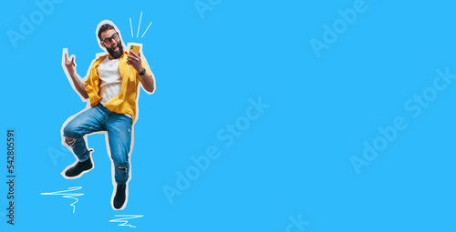 Jumping, running man with a smartphone in hand, feels joy, celebrates winning the lottery or sports bets. Human face emotions and betting concept. Collage in magazine style. Discount, seasonal sales