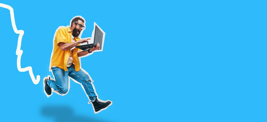 Jumping, running crazy programmer, web developer or designer holding laptop in his hands. Discount, sale, season sales. Shocked or surprised facial expression. Funny promotion poster.
