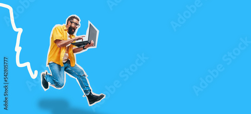 Jumping, running crazy programmer, web developer or designer holding laptop in his hands. Discount, sale, season sales. Shocked or surprised facial expression. Funny promotion poster. photo