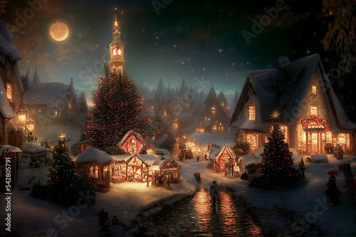 Christmas village with Snow in vintage style. Winter Village Landscape. Christmas Holidays. Christmas Card. 3d illustration 