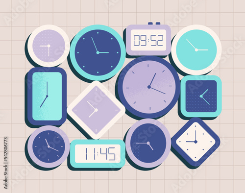 Time management concept. Watch, digital clock in various geometric shapes showing different time. Business planning, productivity. Isolated vector illustration