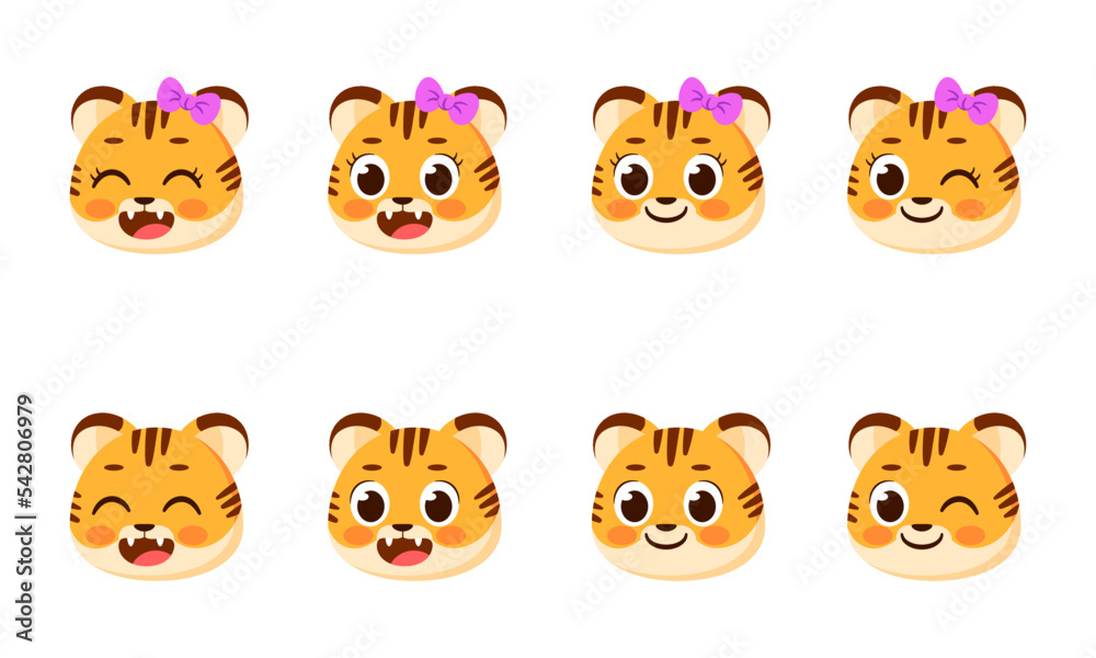 Fototapeta premium Set of cute happy tiger avatar characters Vector