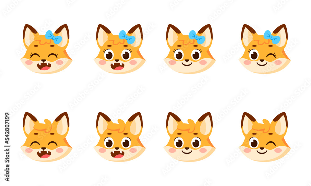 Set of cute happy fox avatar characters Vector