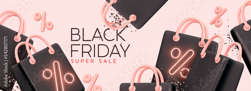 Black Friday Super Sale. Bright promo banner, Advertising web poster, realistic 3d design elements. Shopping bag, neon percent symbols. Pink background pattern black shop bag. vector illustration