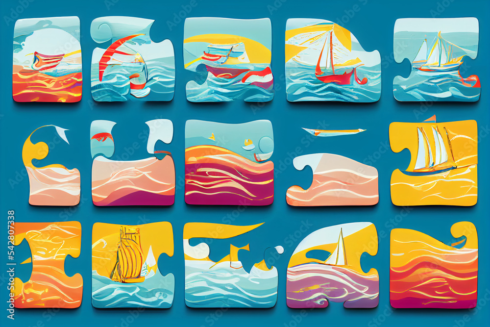 Seaside grid of seaside very colorfull illustrations of boats and waves