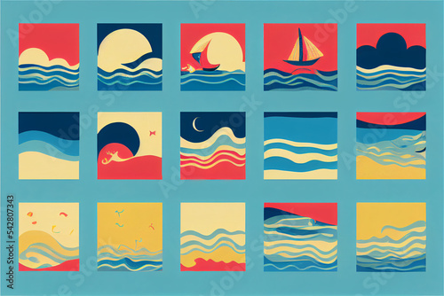 Seaside grid of seaside very colorfull illustrations boats and ocean photo