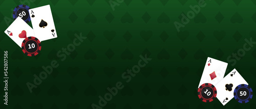 Background of green poker table with playing cards and chips.Vector illustration