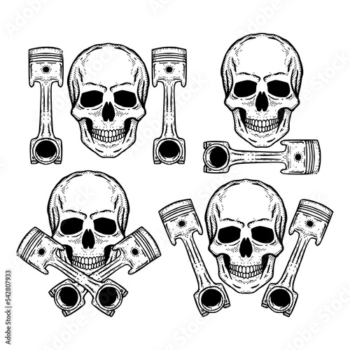 Collection set skull piston doodle Illustration hand drawn sketch for tattoo, stickers, etc