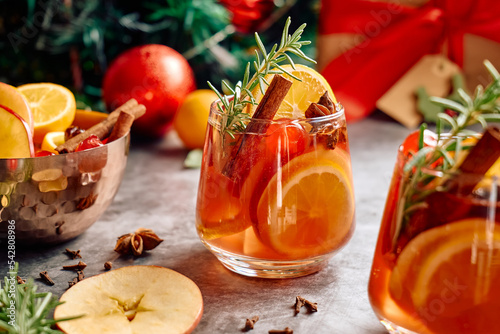 Canvastavla Mulled wine or christmas sangria with aromatic spices, apple, cherry and citrus fruits