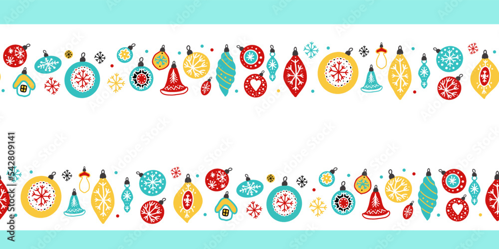 Bright Christmas background for a holiday banner or card. Multicolored Christmas decorations, vector image.