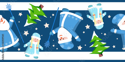 Winter seamless border. Santa Claus Ded Moroz and a little girl on a blue background with fir and stars.