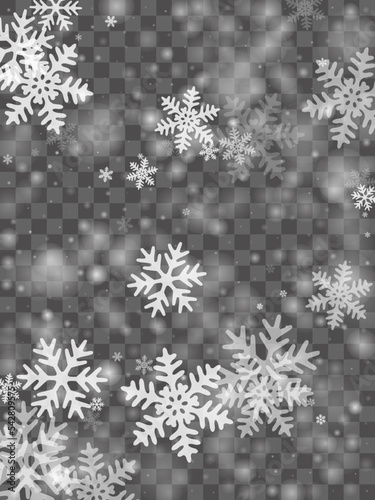 Beautiful flying snow flakes illustration. Snowfall fleck freeze particles. Snowfall sky white transparent design. Soft snowflakes december vector. Snow nature scenery.
