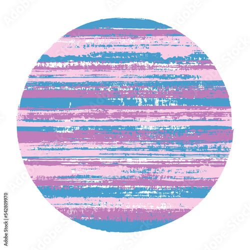 Abstract circle vector geometric shape with striped texture of ink horizontal lines. Old paint texture disk. Badge round shape circle logo element with grunge background of stripes.