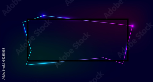 Neon curved frame with shining effects on dark background. Empty glowing techno backdrop. Vector illustration.