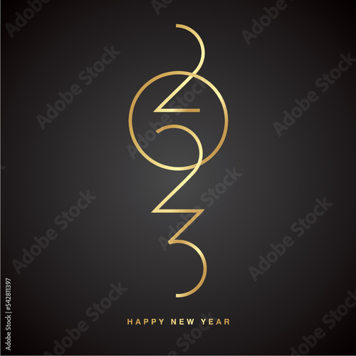 Happy New Year 2023 abstract golden space oddity numbers typography logo on black background