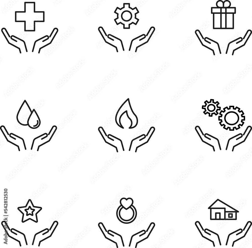 Set of modern outline symbols for internet stores, shops, banners, adverts. Vector isolated line icons of cross, gear, giftbox etc over outstretched hands