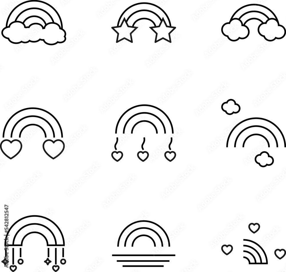 Set of modern outline symbols for internet stores, shops, banners, adverts. Vector isolated line icons of cloud, star, heart, near next to rainbow Set of modern outline symbols for internet stores, shops, banners, adverts. Vector isolated line icons of cloud, star, heart, near next to rainbow