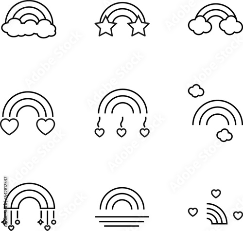 Set of modern outline symbols for internet stores, shops, banners, adverts. Vector isolated line icons of cloud, star, heart, near next to rainbow