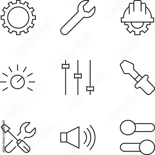 Set of modern outline symbols for internet stores  shops  banners  adverts. Vector isolated line icons of gear  spanner  builder helmet  indicator  screwdriver  speaker  switcher