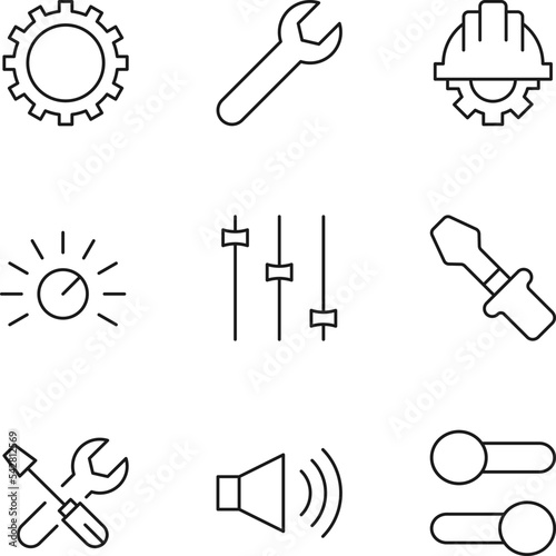Set of modern outline symbols for internet stores, shops, banners, adverts. Vector isolated line icons of gear, spanner, builder helmet, indicator, screwdriver, speaker, switcher
