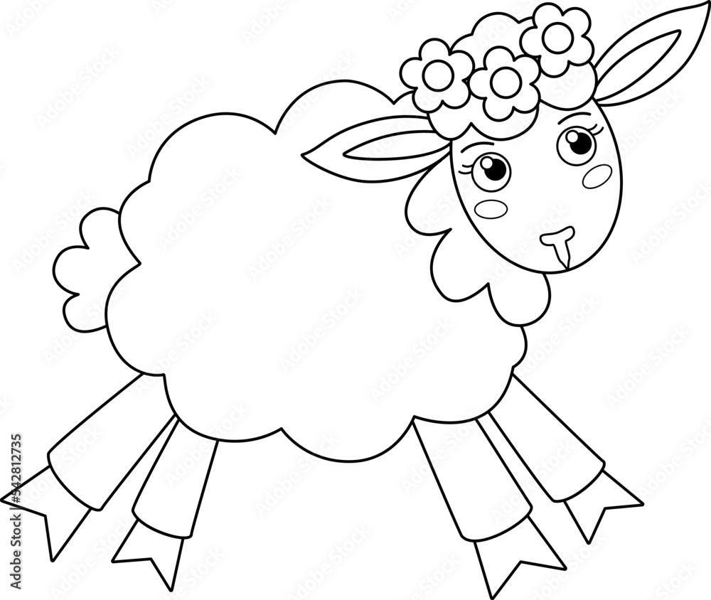 Lamb, Cute little sheep with wreath - vector linear picture for coloring. Outline. Running Sheep for children's coloring book Lamb, Cute little sheep with wreath - vector linear picture for coloring. Outline. Running Sheep for children's coloring book