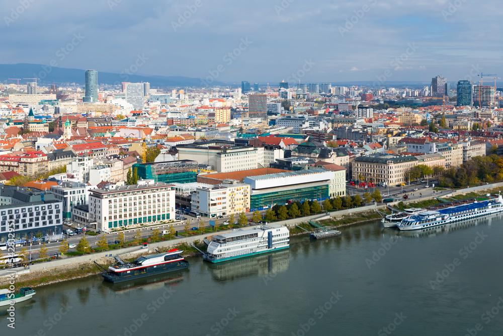 Aerial view of Bratislava city with Danube in autumn day, Slovakia