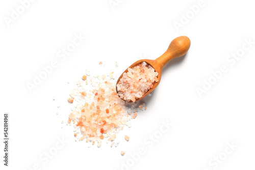 Himalayan salt on an isolated white background. Himalayan salt in a scoop
