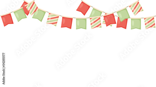Celebration flag garland bunting. Red, green, beige pennants chain. Party flags decoration for wedding, birthday, baby shower, bridal shower, Christmas. Footer or banner background