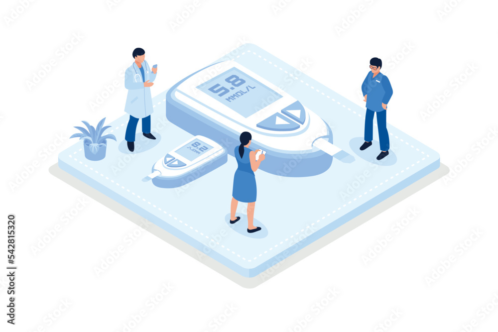 Doctor and patient check blood sugar level with glucometer and diabetic insulin pump. Character with diabetes receiving treatment against disease, isometric vector modern illustration Doctor and patient check blood sugar level with glucometer and diabetic insulin pump. Character with diabetes receiving treatment against disease, isometric vector modern illustration