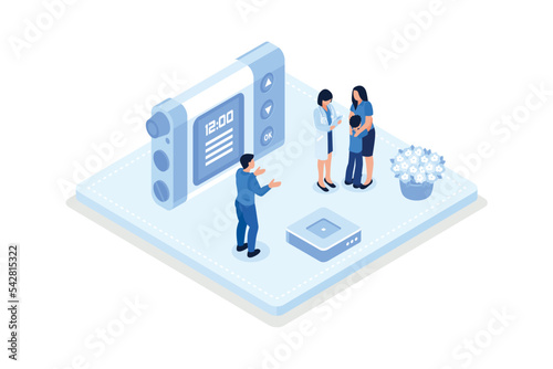 Doctor and patient check blood sugar level with glucometer and diabetic insulin pump. Character with diabetes receiving treatment against disease, isometric vector modern illustration
