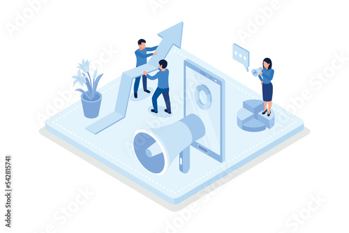 People Characters Analyzing Charts, Graphs, Planning Business Strategy and Managing Data on Laptop and Smartphone. Business Intelligence and Analysis Concept, isometric vector modern illustration