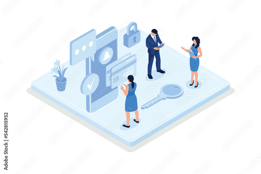 Characters using Cyber Security Services to Protect Personal Data. Online Payment Security, Cloud Shared Documents, Server Security and Data Protection Concept, isometric vector modern illustration