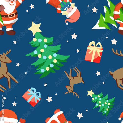 Christmas seamless pattern on dark blue background. Santa Claus, deer, little girl, gifts, Christmas tree and stars. Cartoon illustration.