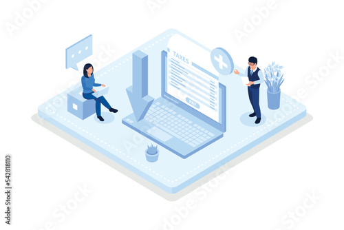 Character consulting with financial advisor, preparing and sending online tax declaration, getting tax return. Taxation concept, isometric vector modern illustration