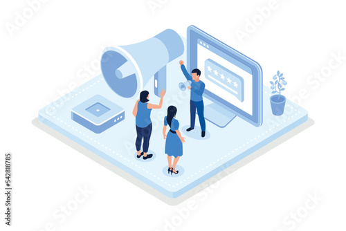 Characters integrating with audience on social media platform and using marketing strategy to increase followers, isometric vector modern illustration