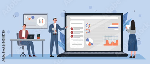 Business people concept. Men and women look at statistics, graphs, diagrams and charts. Estimation of expenses and incomes, budgeting. Brainstorming and presentation. Cartoon flat vector illustration