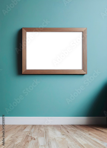 Wood Picture Frame Mockup on Teal Wall with Rustic White Wood Floor - 24x36 opening (2:3 ratio) photo