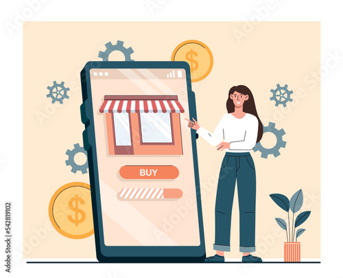 Small business concept. Woman standing next to smartphone screen. Entrepreneur or investor. Financial literacy and passive income, online store or shop owner. Cartoon flat vector illustration