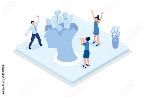 Characters trying to solve mentality problems and fighting against emotional burnout. Psychotherapy concept, isometric vector modern illustration