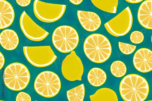 Seamless bright light pattern with Fresh lemons for fabric  drawing labels  print on t shirt  wallpaper of children s room  fruit background. Slices of a lemon doodle style cheerful background.